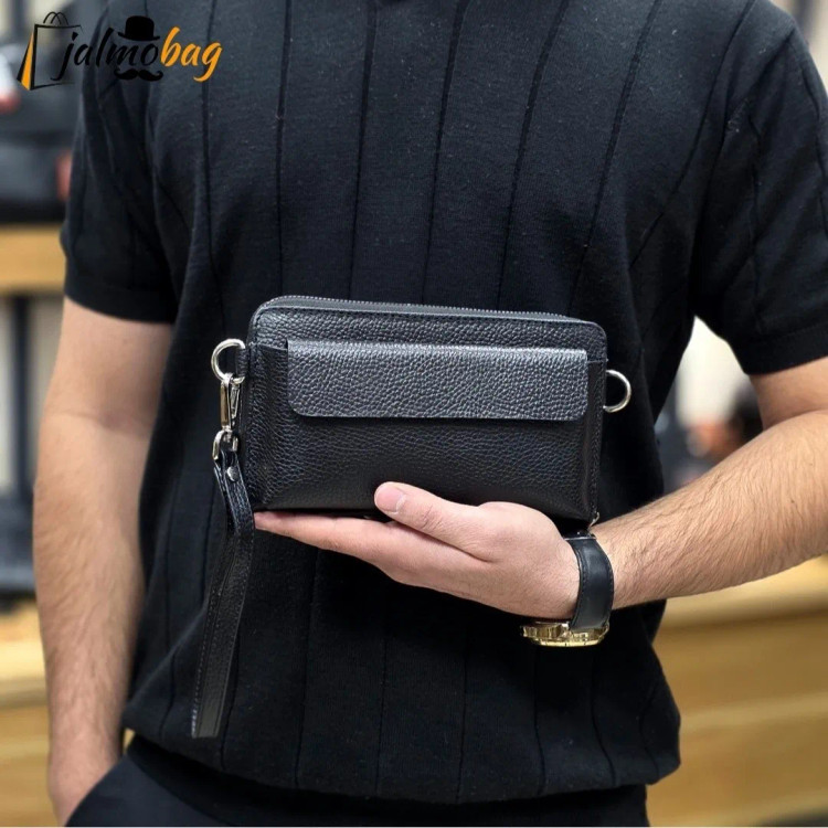 کیف دستی و دوشی چرم طبیعی ظفر دارای بند مچی و بند بلند قابل تنظیم