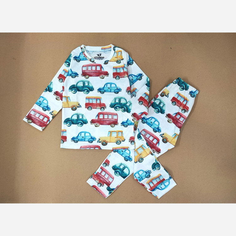 ست بلوز و شلوار راحتی بچگانه طرح ماشین جنس نخ پنبه