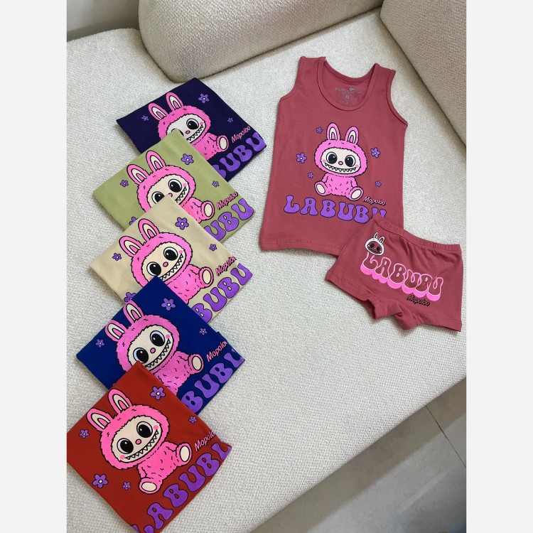 ست رکابی و شورت بچگانه نخ پنبه طرح لبوبو مناسب 3 تا 10 سال