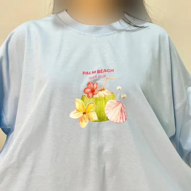 تیشرت کراپ باکسی طرح دار نخ پنبه زنانه کد 1440