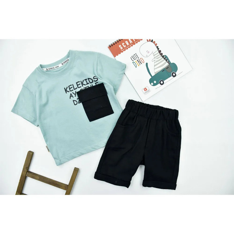 ست تیشرت و شلوارک پسرانه یقه گرد پنبهای طرح تک جیب