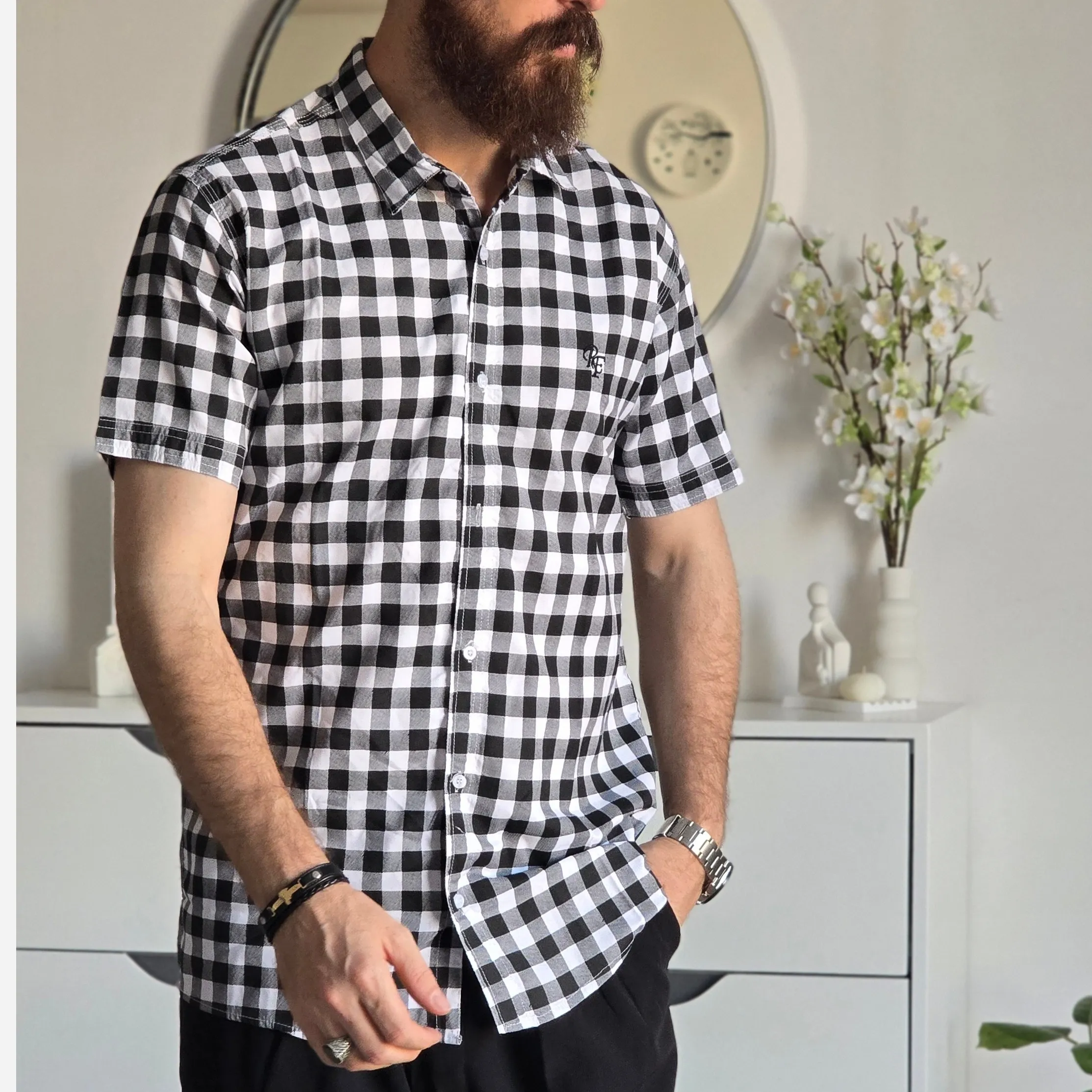 پیراهن آستین کوتاه مردانه چهارخونه نخی سایز M تا XXL