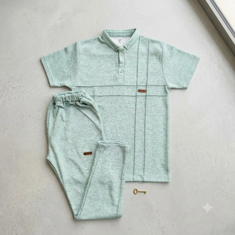 ست پولوشرت و شلوار مردانه یقه فرنچ دکمه دار سبز روشن مدل ARG2KHBGRE