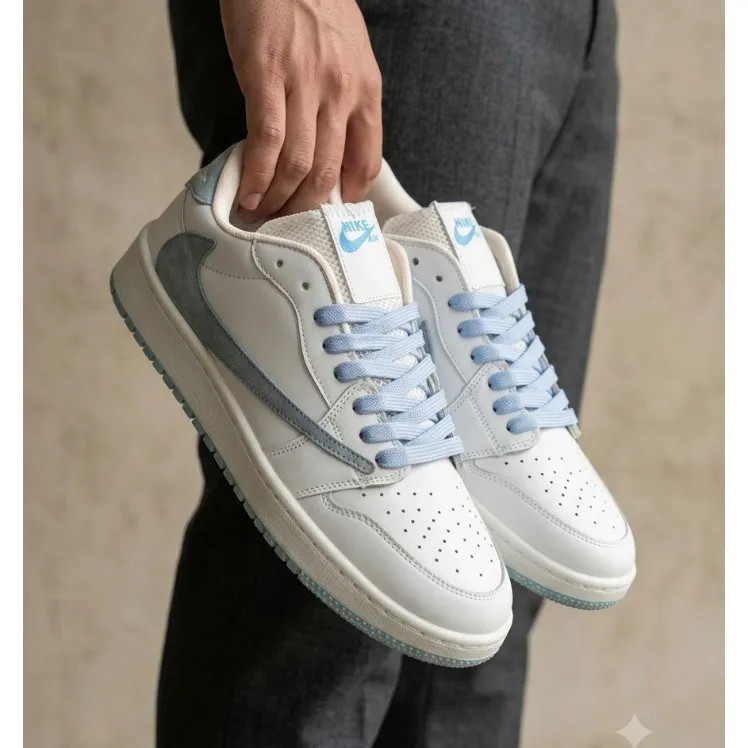 کفش نایک جردن تراویس مردانه رنگ سفید آبی با رویه چرم صنعتی