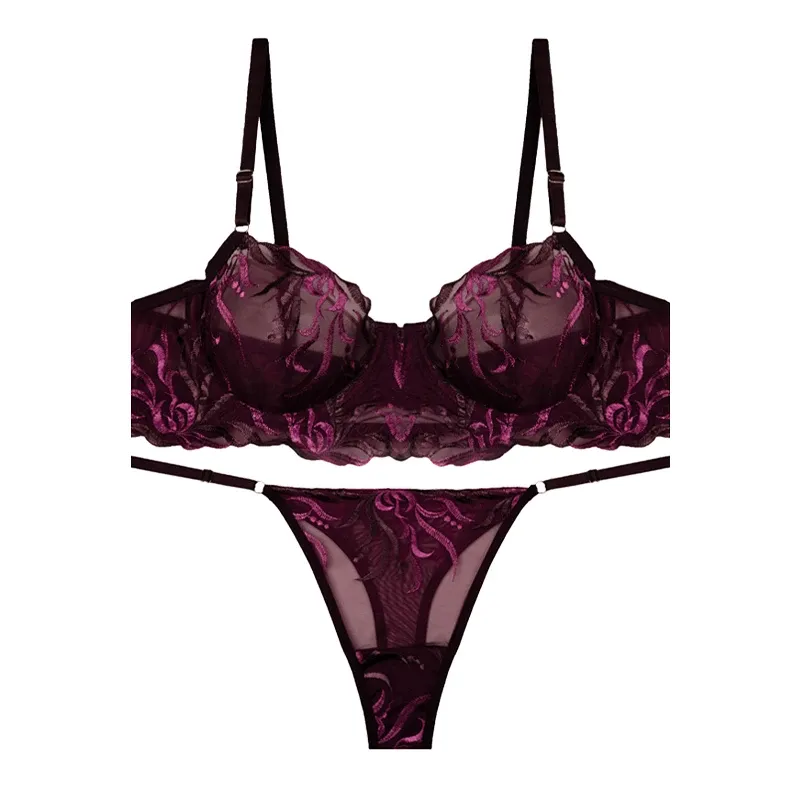 ست شورت و سوتین زنانه تورگاز گلدوزی برگ فنردار لامبادا رنگ بنفش