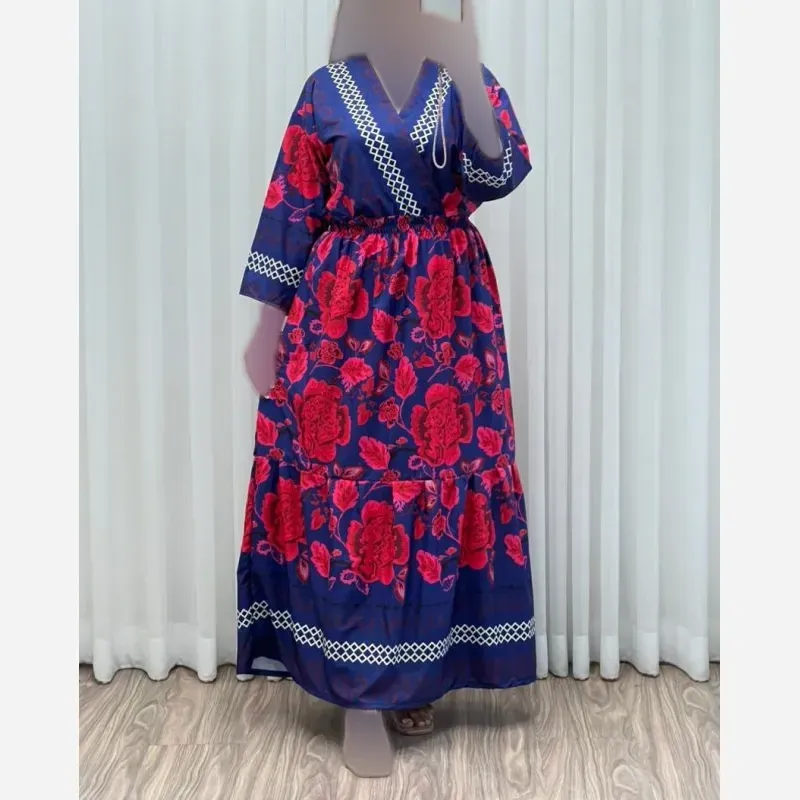 پیراهن ساحلی زنانه مدل چپ و راستی طرح فلور حاشیهدار فری سایز