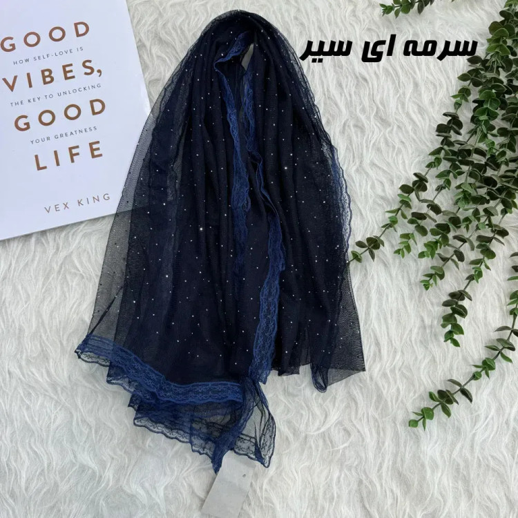 شال توری نگین دار روزمره قواره 180 در 65 سانت مشکی رنگ جنس تور
