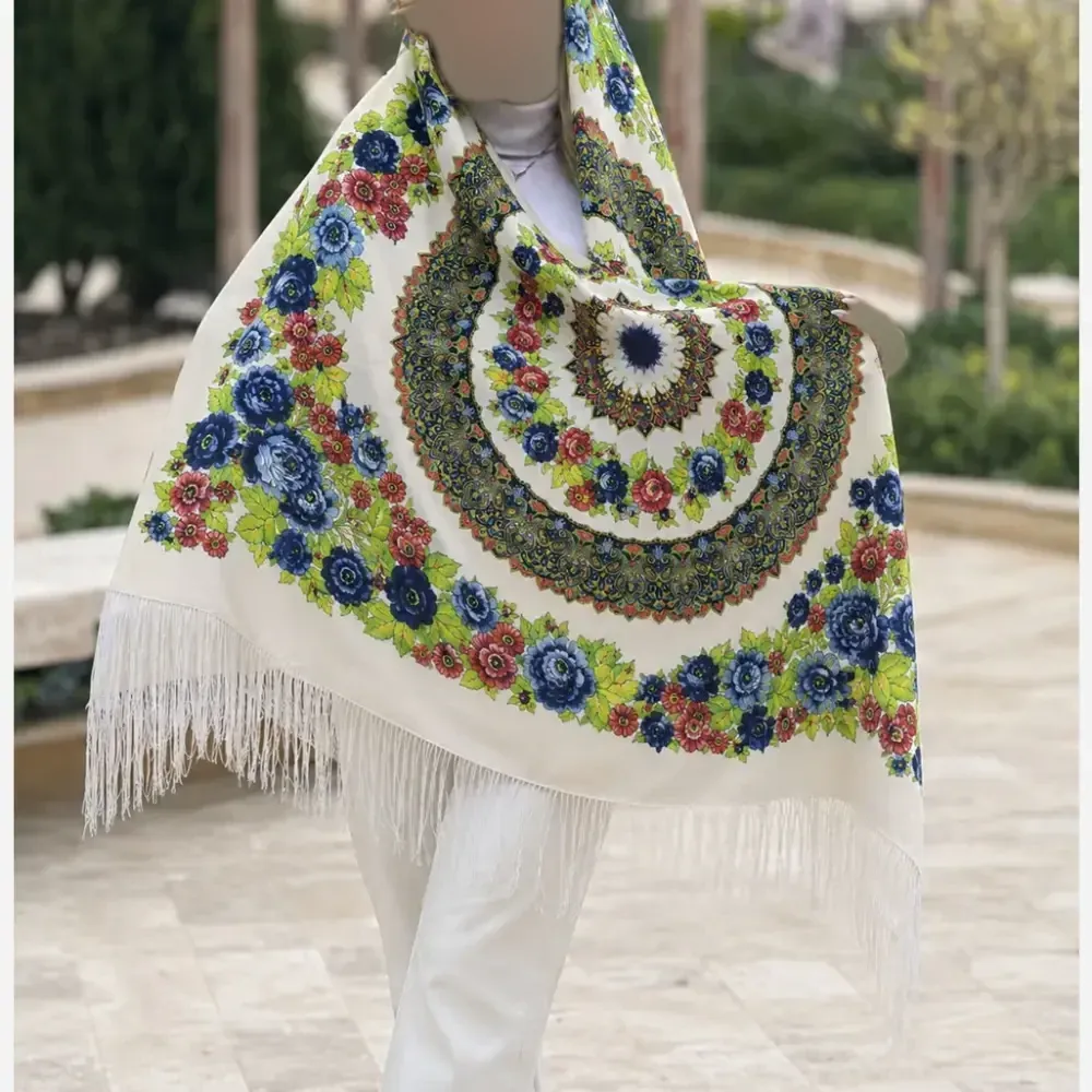 روسری ترکمنی سفید نخی قواره 140x140 سانتی متر تولید ترکیه