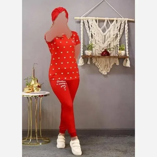 ست تیشرت و شلوار زنانه طرح قلبی جنس نخ ویسکوز سایز 38 تا 48