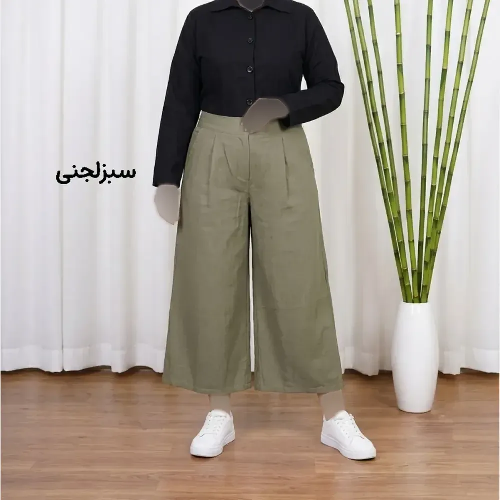 شلوار واید لنین نچرال فری سایز تا 50 تنخور شیک و راحت چهارفصل زنانه مناسب باردار و سایز درشت