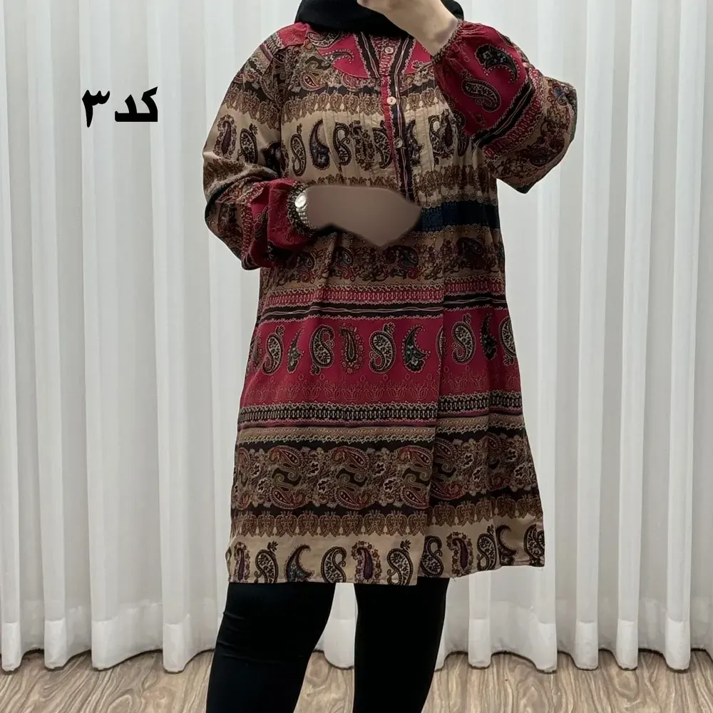 تونیک سایزبزرگ وارداتی مدل ترمه افقی کد 1617 جنس نخی چهارفصل زنانه سایز 6 تا 8