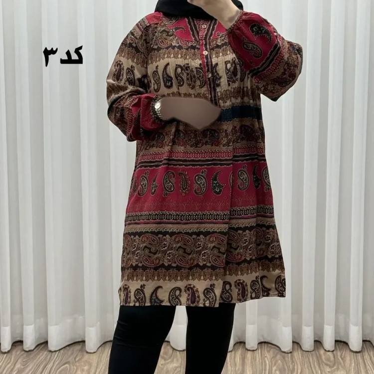 تونیک سایزبزرگ وارداتی مدل ترمه افقی کد 1617 جنس نخی چهارفصل زنانه سایز 6 تا 8