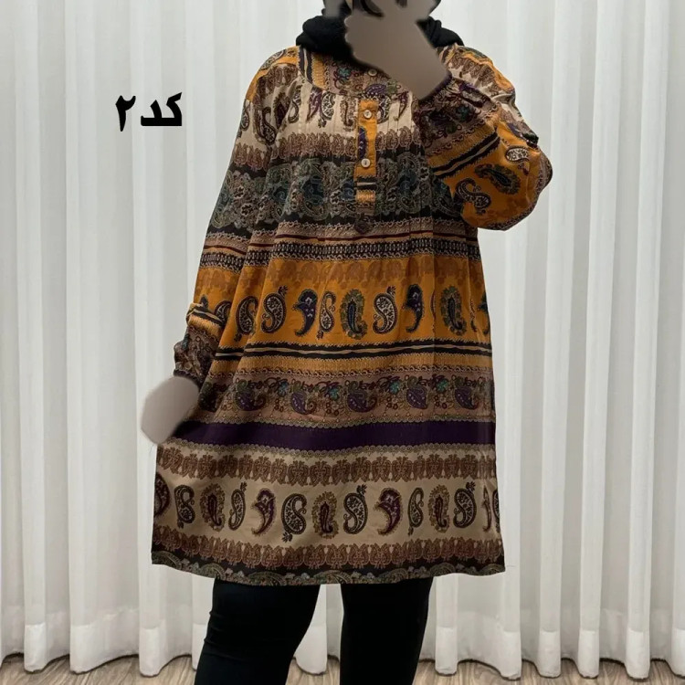 تونیک سایزبزرگ وارداتی مدل ترمه افقی کد 1617 جنس نخی چهارفصل زنانه سایز 6 تا 8