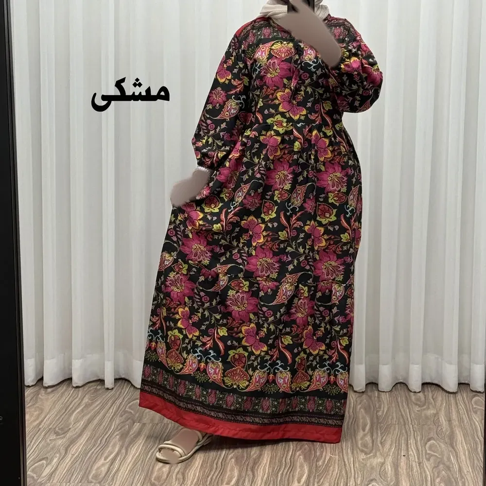 پیراهن فلور بوگاتی حاشیه دار نخی فری سایز تا 50 بنددار چهارفصل زنانه شیک