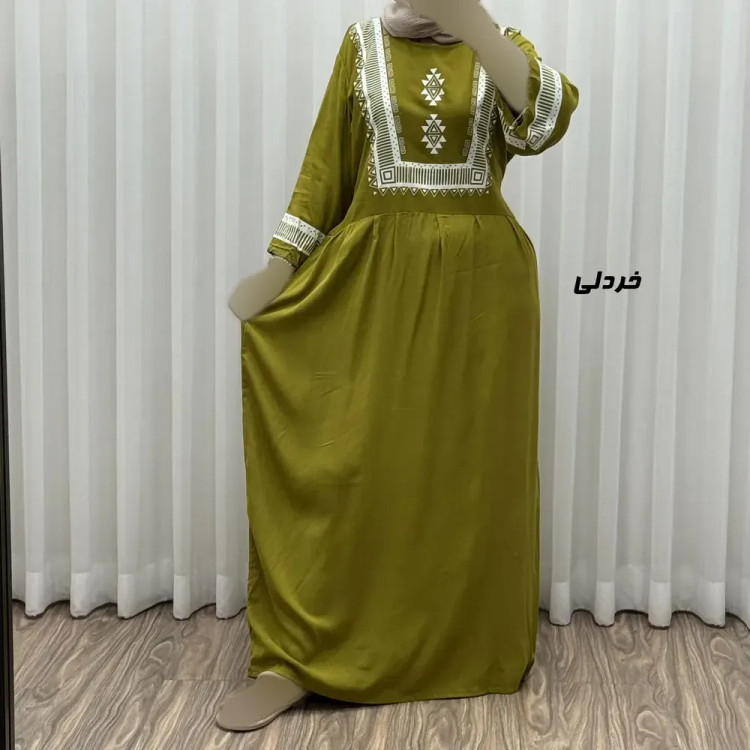 پیراهن نخی زنانه مدل پادمیرا فری سایز مناسب تا 48 همراه با کمربند