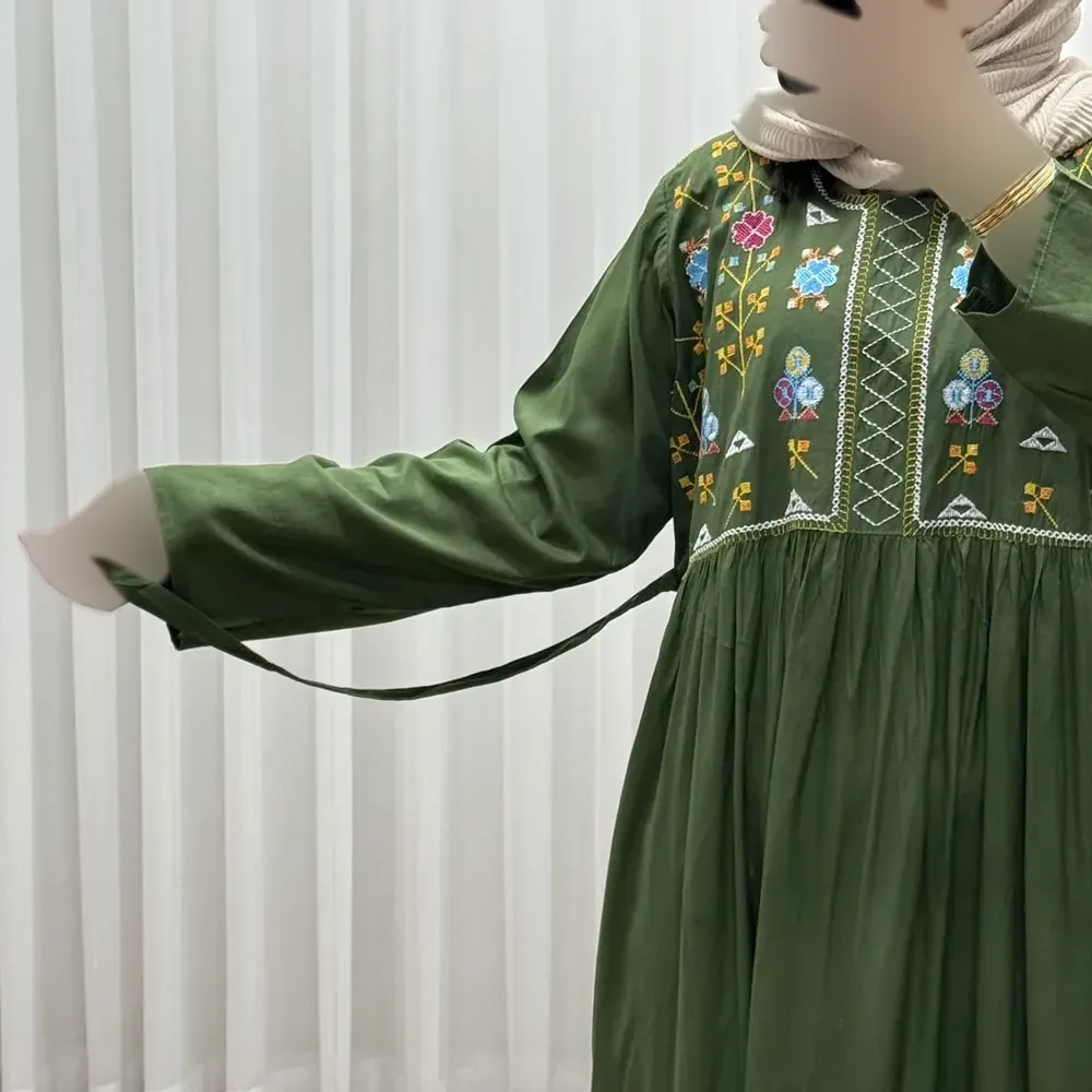 پیراهن نخی هندی سلن گلدوزی فری سایز تا 50 کمربنددار چهارفصل زنانه شیک