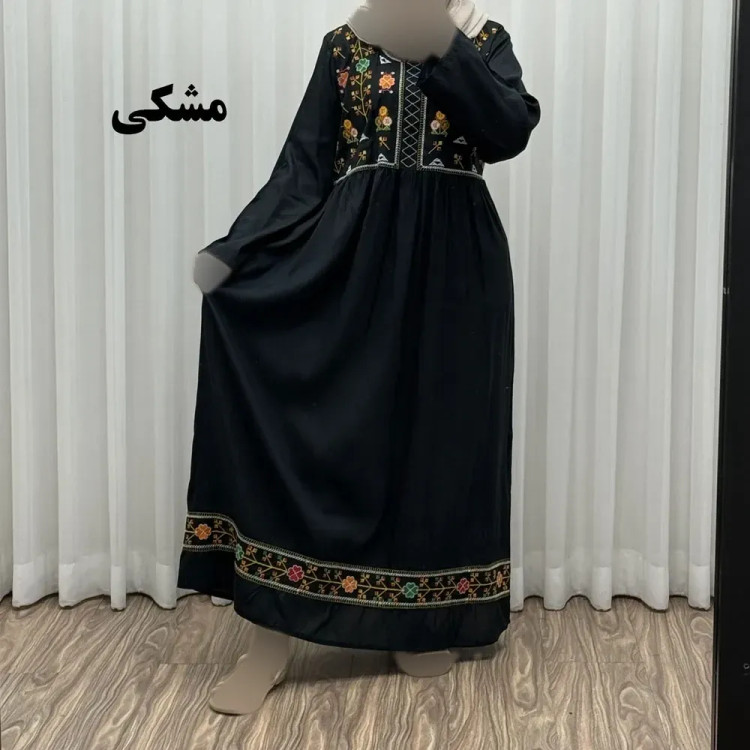 پیراهن نخی هندی سلن گلدوزی فری سایز تا 50 کمربنددار چهارفصل زنانه شیک