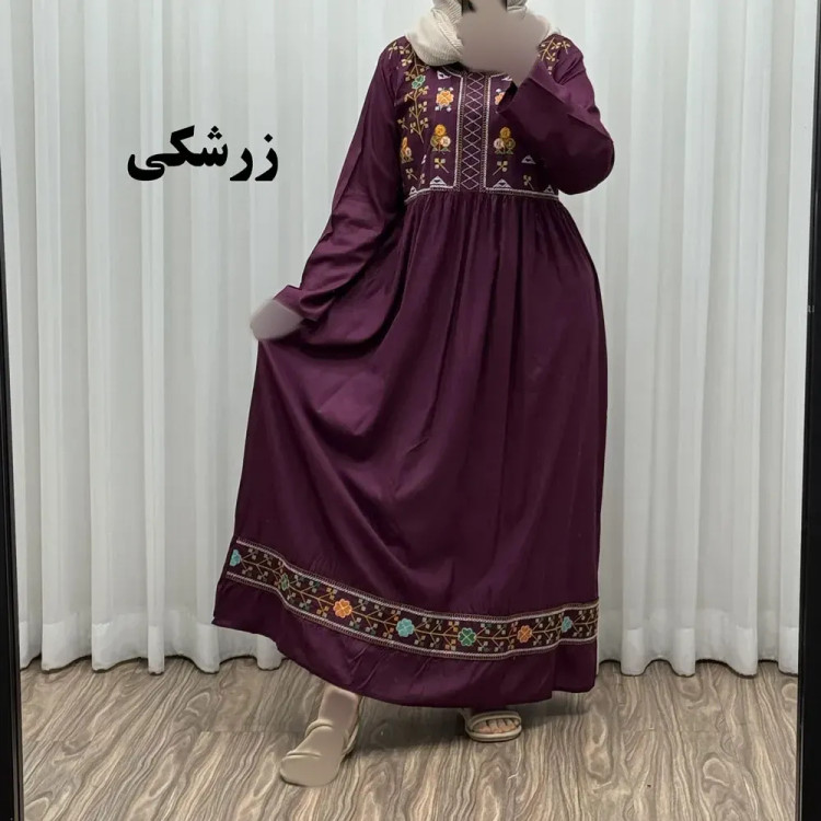 پیراهن نخی هندی سلن گلدوزی فری سایز تا 50 کمربنددار چهارفصل زنانه شیک