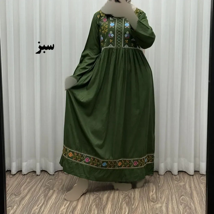 پیراهن نخی هندی سلن گلدوزی فری سایز تا 50 کمربنددار چهارفصل زنانه شیک